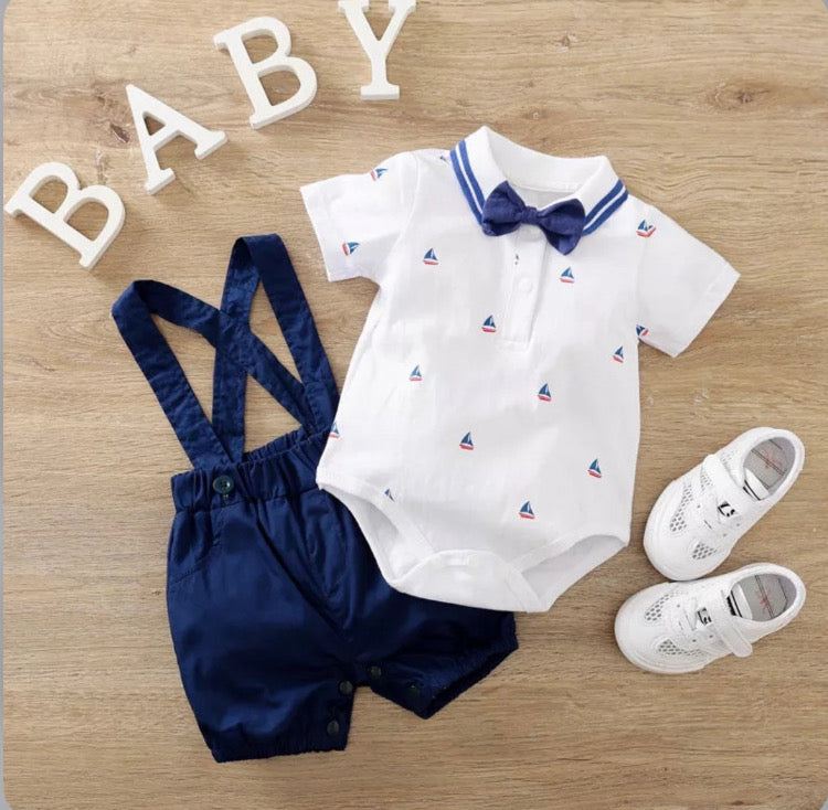 2 piece bow decor bodysuit and overall baby boy