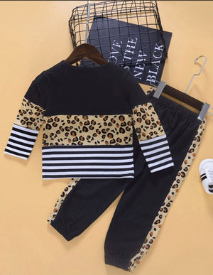 2 Pieces Infant Toddler Girl Leopard Stripe Color Blocking Set Top And Trousers