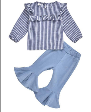 2 Pieces Kid Girl Stripe Blouse Matching Flared Trousers Outfit