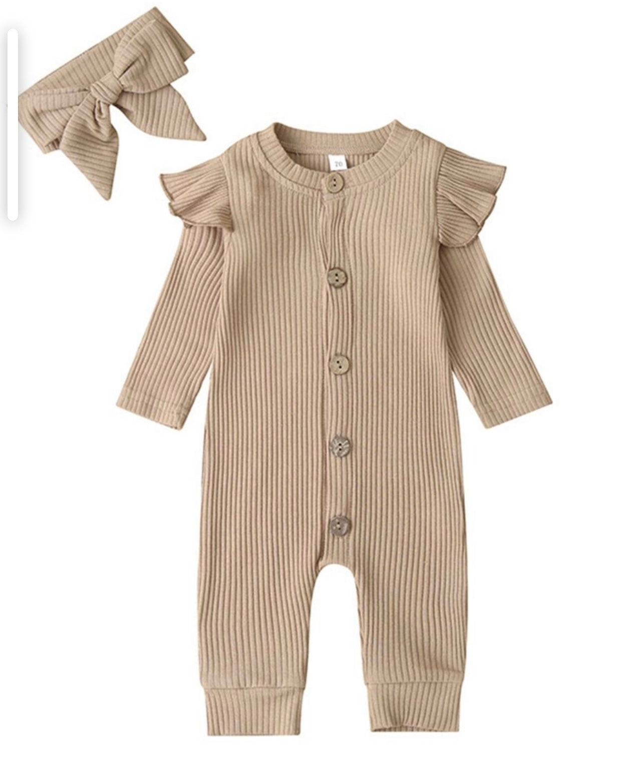 2 Pieces Baby Girl Ribbed Button Front Jumpsuit With Headband