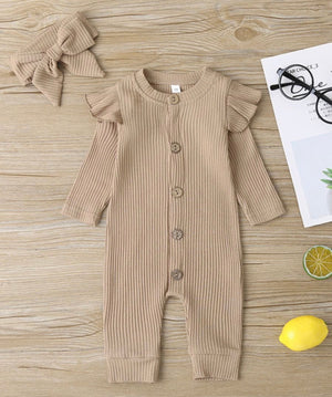 2 Pieces Baby Girl Ribbed Button Front Jumpsuit With Headband