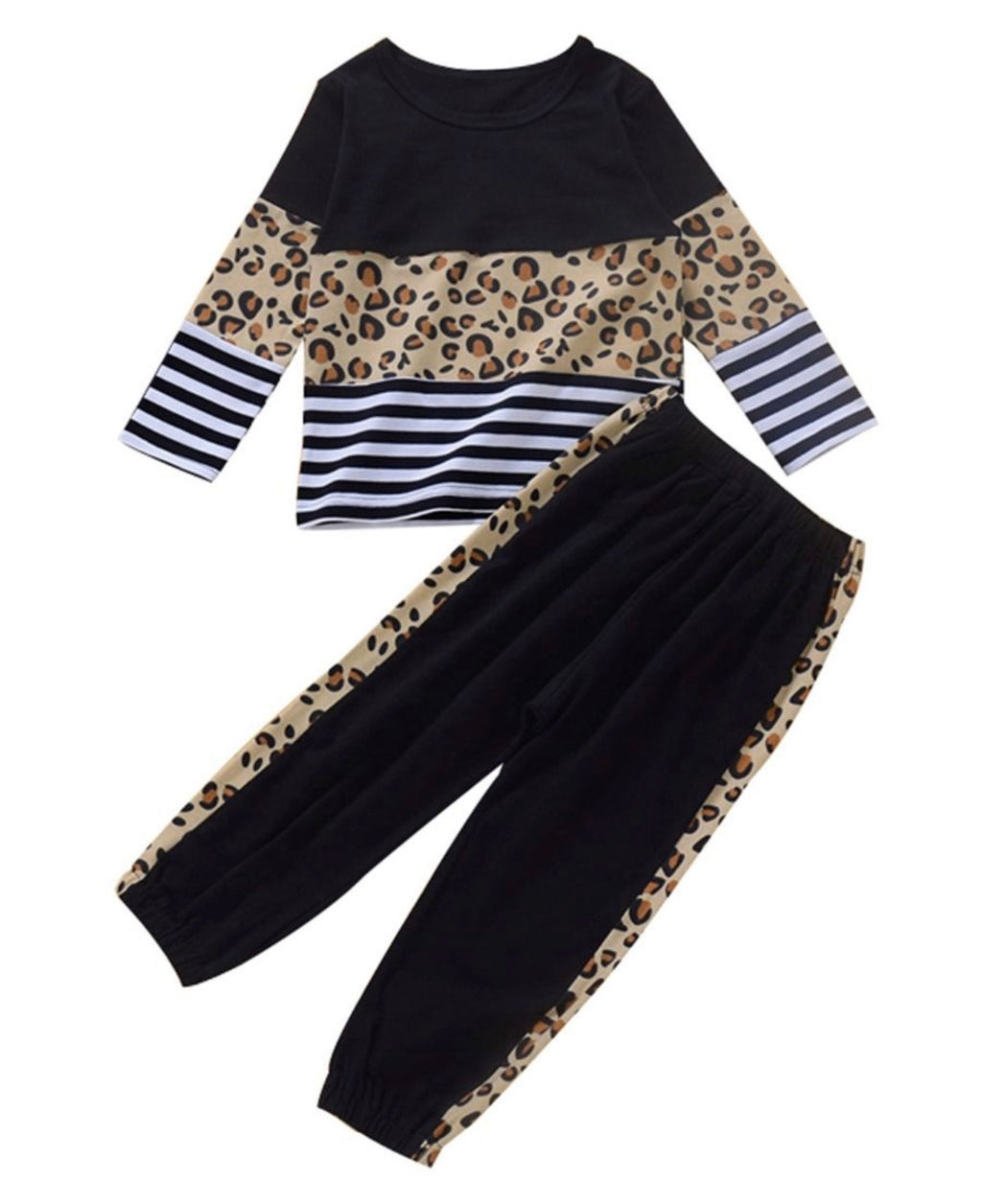 2 Pieces Infant Toddler Girl Leopard Stripe Color Blocking Set Top And Trousers