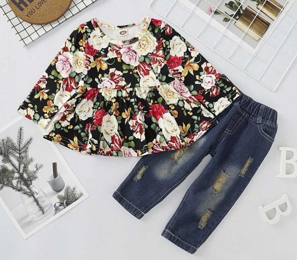 2 piece set floral tunic top with ripped jeans