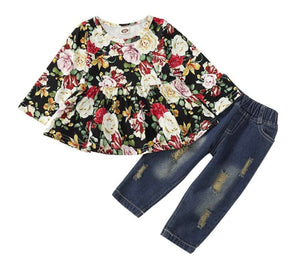 2 piece set floral tunic top with ripped jeans