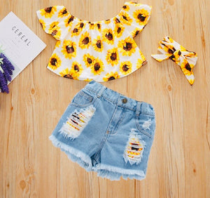 Girls Sunflower Jean Shorts Set