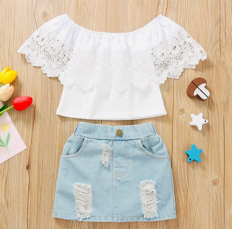 Girls White Top and Denim Set