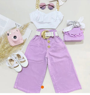 2 Piece White and Purple Sling Top Denim Set