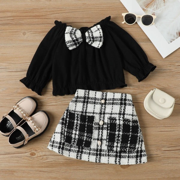 White and black plaid dress set