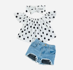 Off Shoulder Dot Top Ripped Denim Shorts And Headband