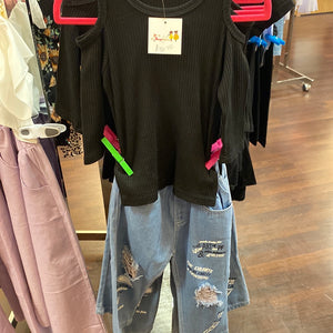 2 piece black off the shoulder top w/ blue jean