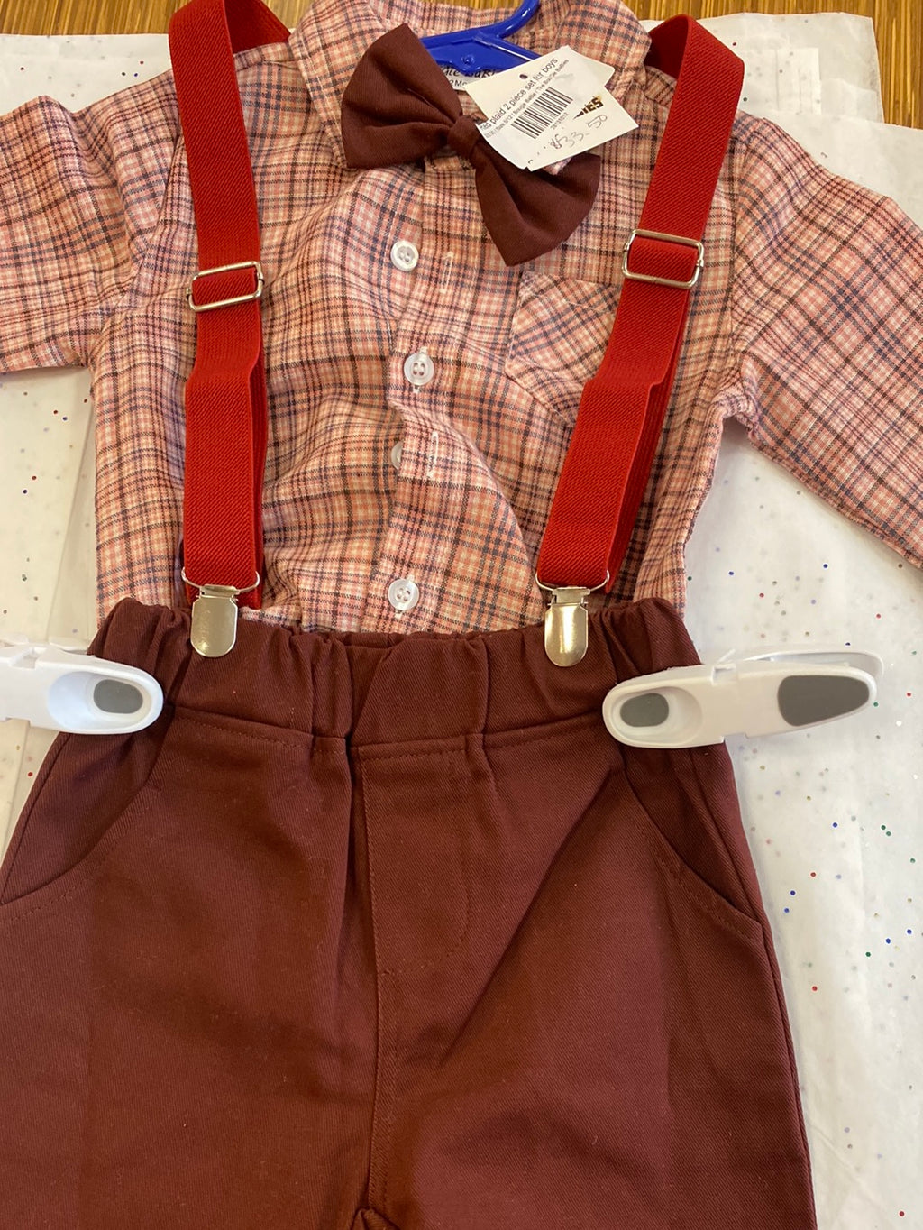 Boys red plaid jean set