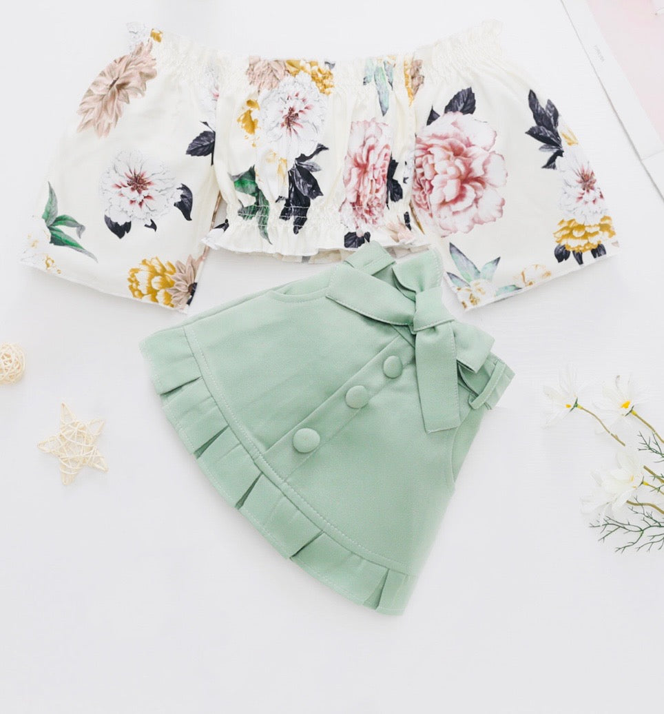 Girls Floral top and Green Skirt Set