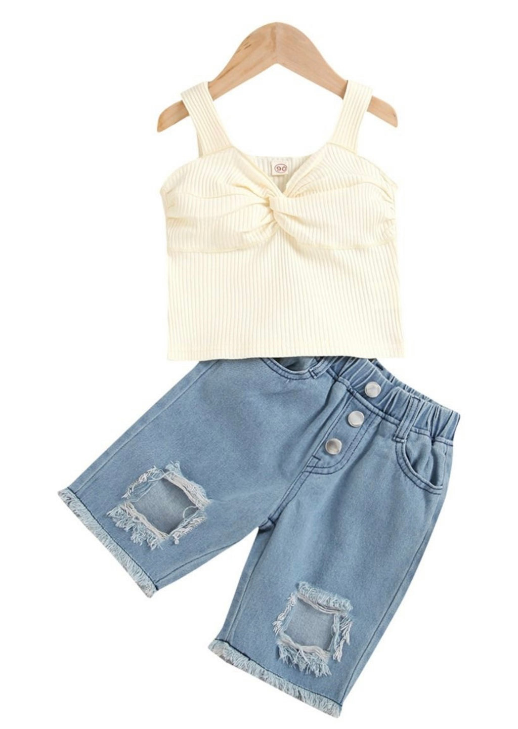 Knotted Cami Top And Ripped Denim Short For Little Girl