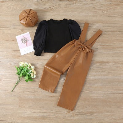 Brown overall pants3 piece set with black shirt