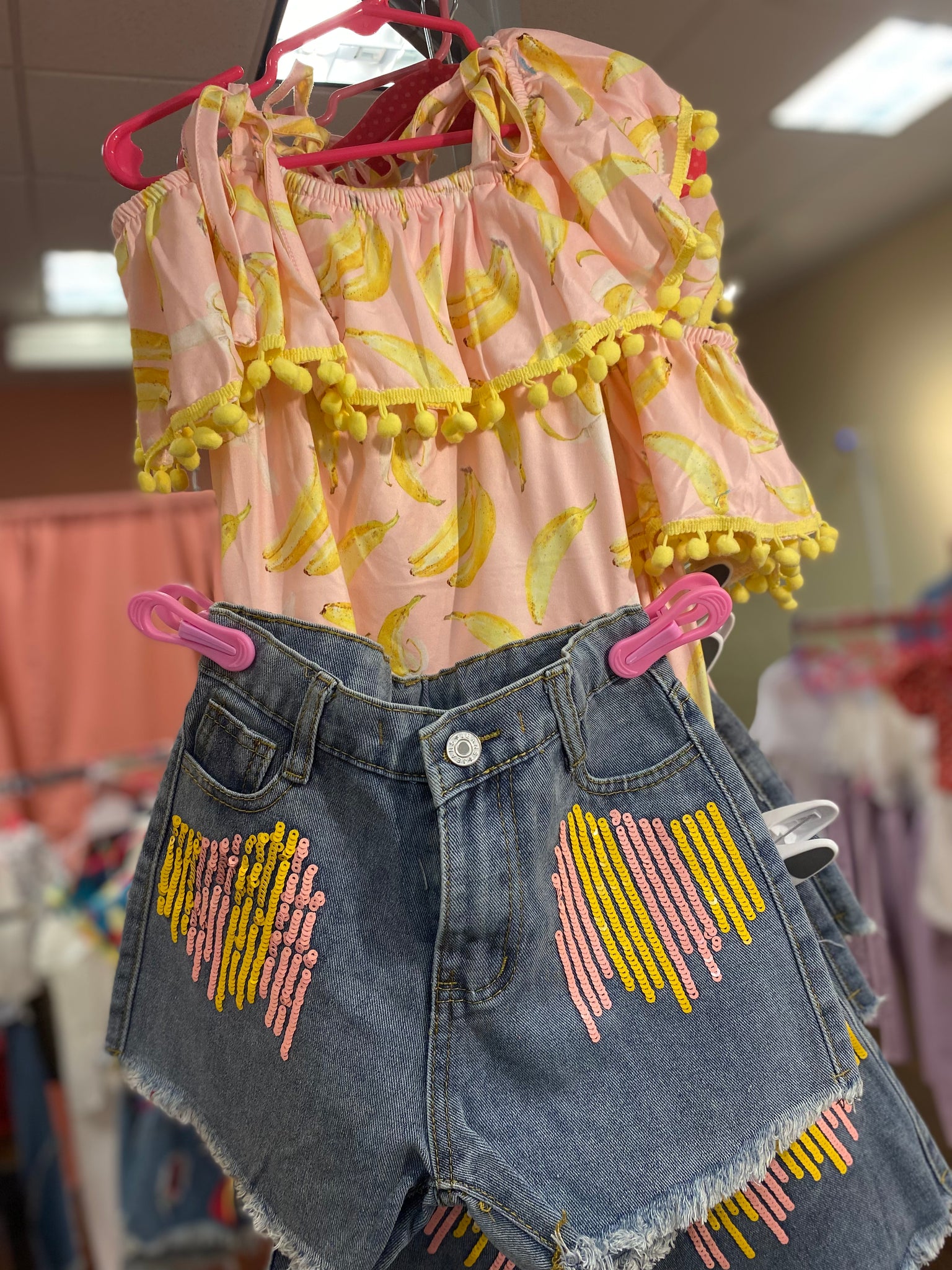 Pink Banana Print Shirt And Short Girls 2 Piece