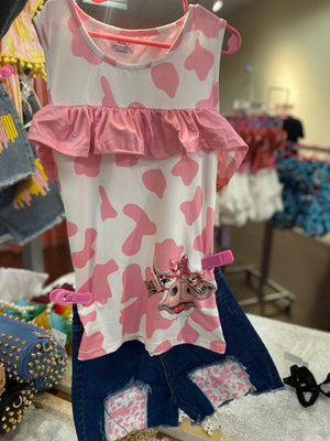 2 piece girls pink and white cow short set