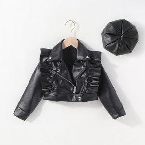 Black leather jacket& hat set