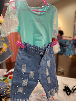 Girls Teal Sheer Sleeves Shirt And Pants Set