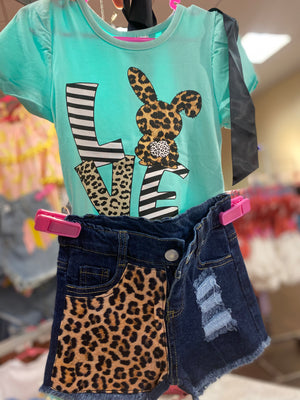 Girls Turquoise Love Shirt And Shorts Set