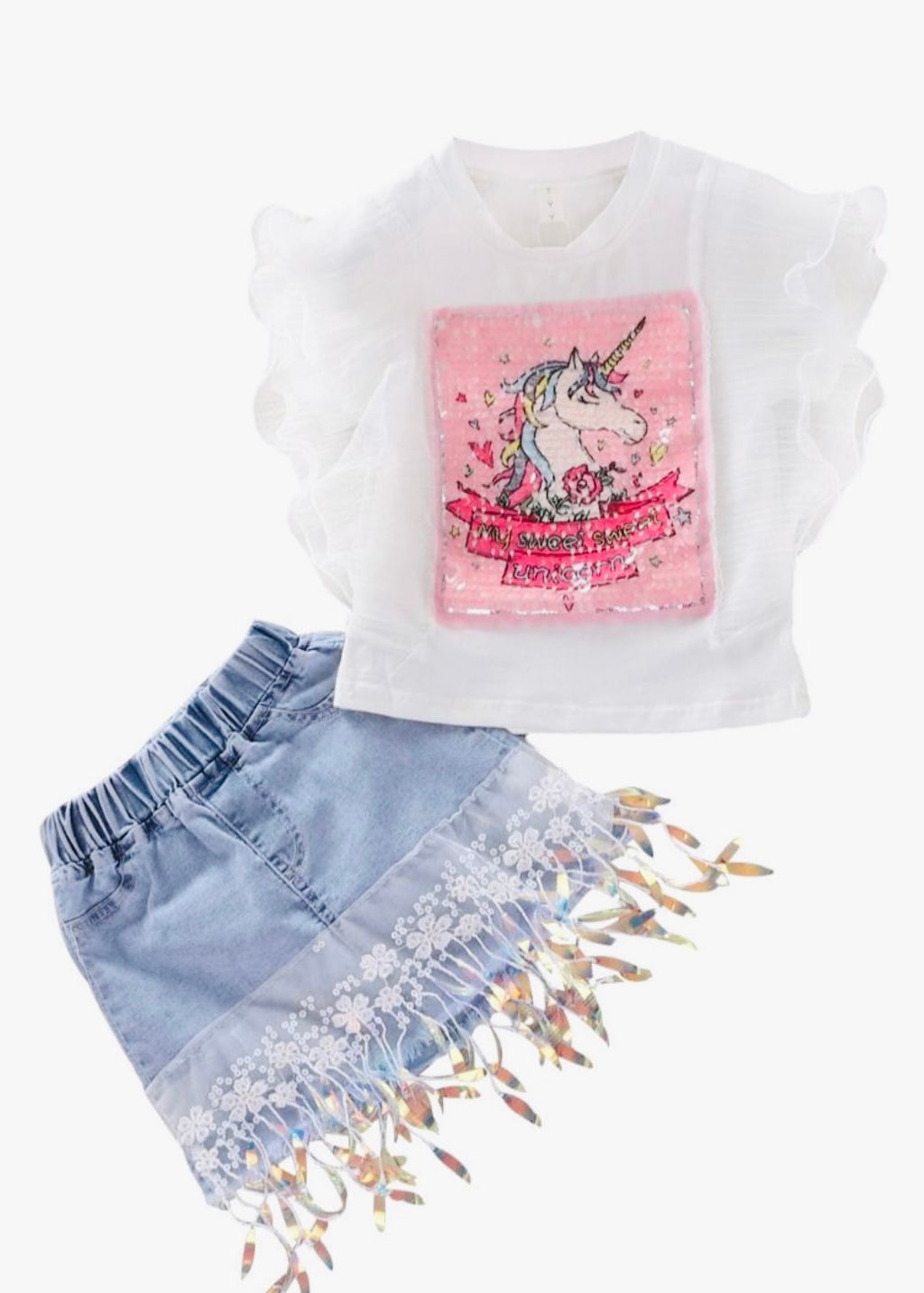 2 Piece BouGie  Unicorn Lace Top & Sequins Tassel Hem Demin Skirt Set