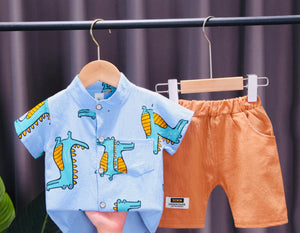 Cartoon Dinosaur Print Shirt And Shorts Boy Sets