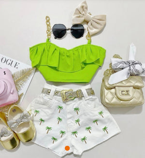 2 Piece White and Green Sling Denim Set