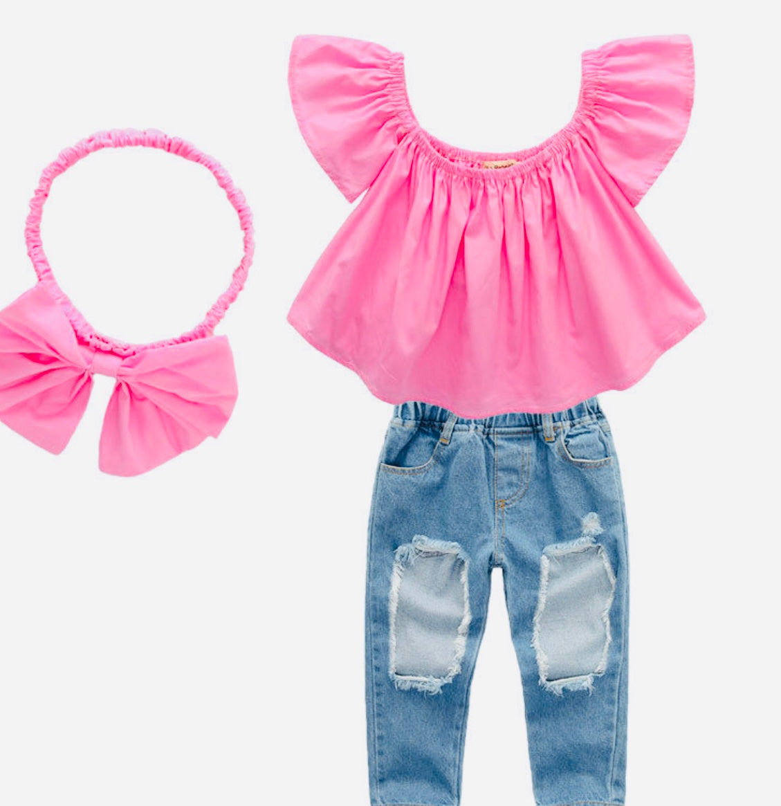 Sleeveless Doll Collar Ripped Jeans 2 Piece Sets For Girls With Headband