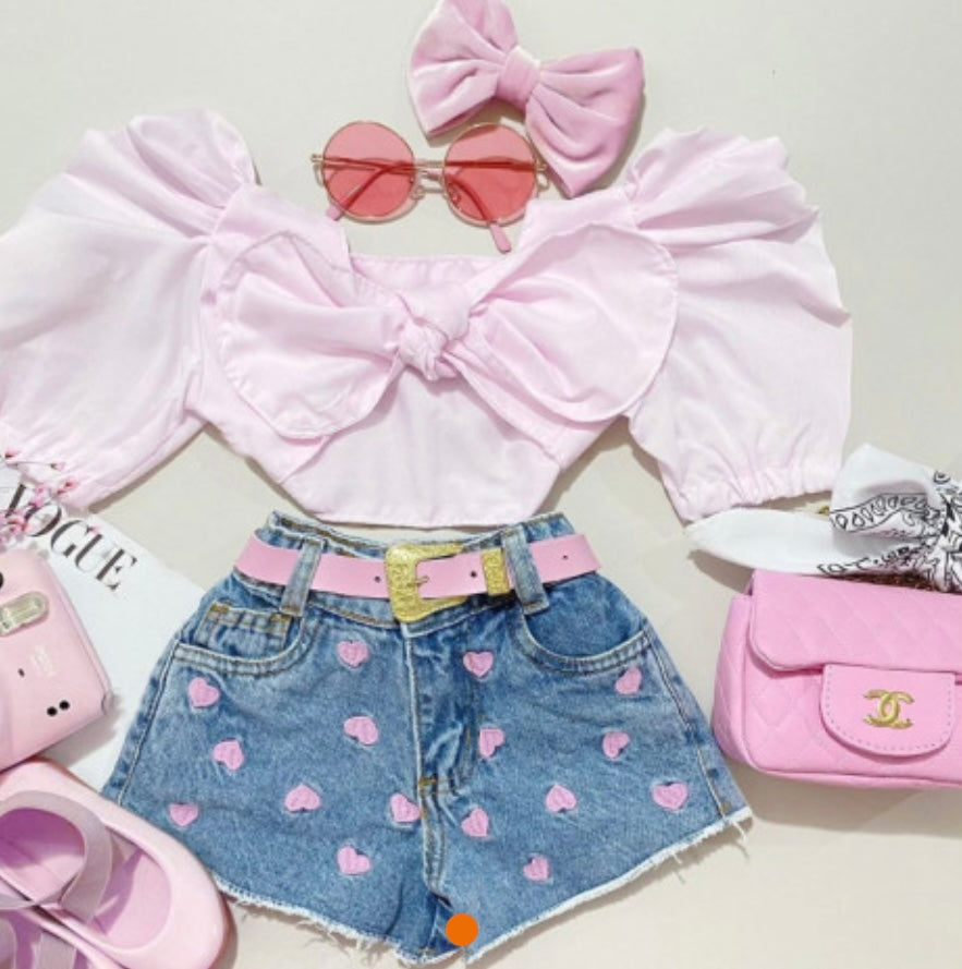 Pink Puff Bow Denim 2 Piece Set