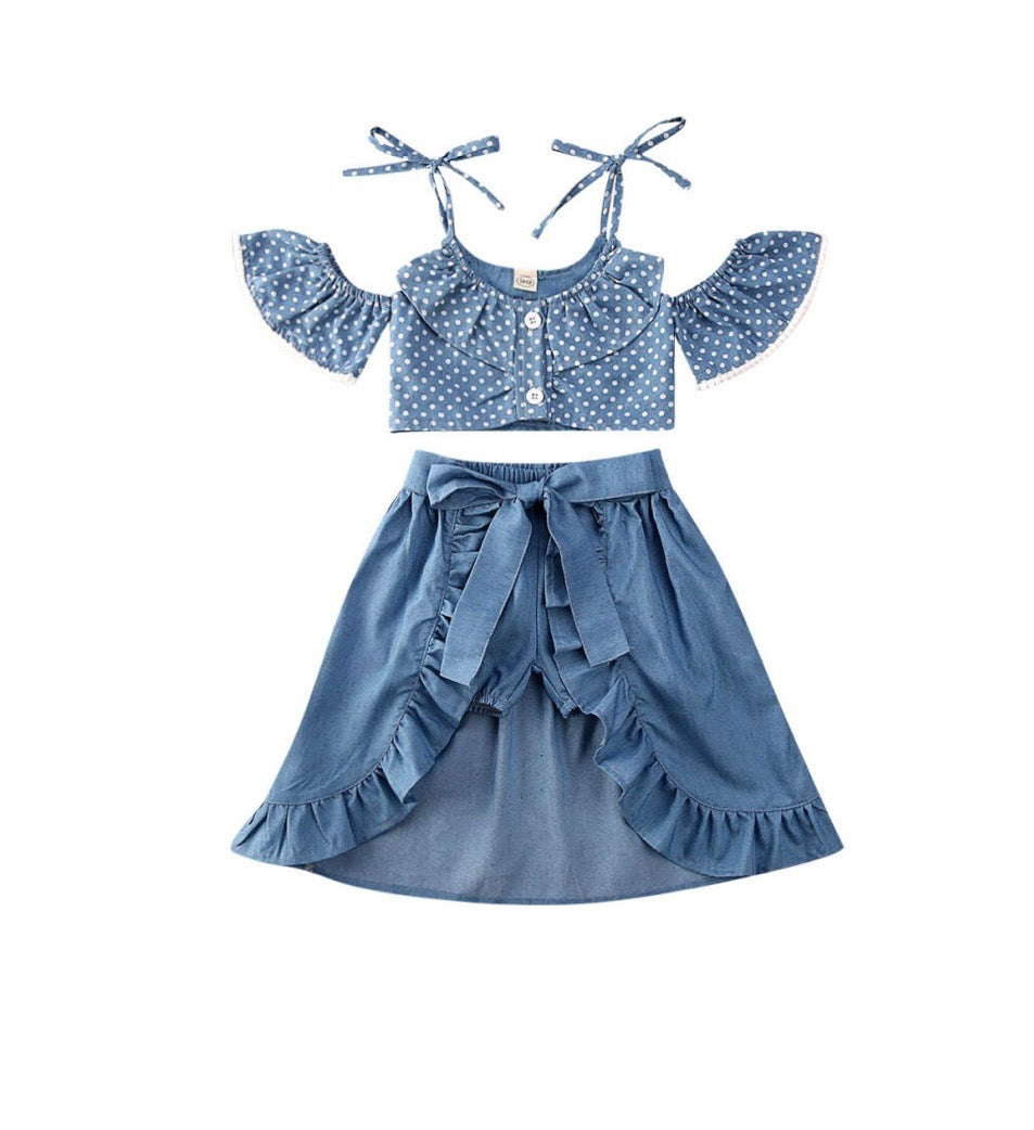 3 piece Girls Denim Polka Dot Set