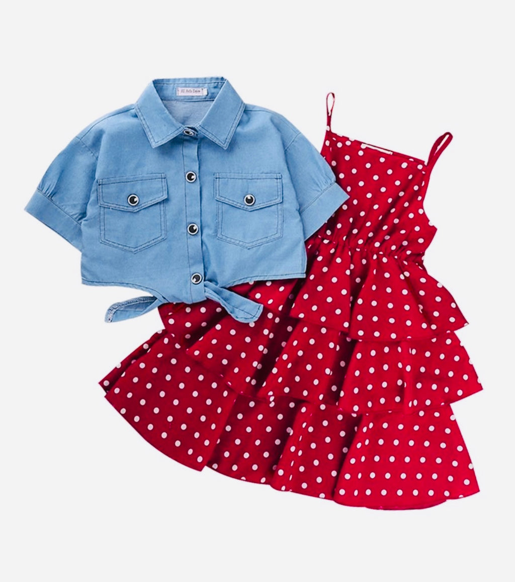 2 Pieces Little Girl Polka Dots Layered Cami Dress With Denim Shirt