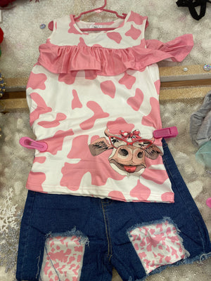 2 piece girls pink and white cow short set