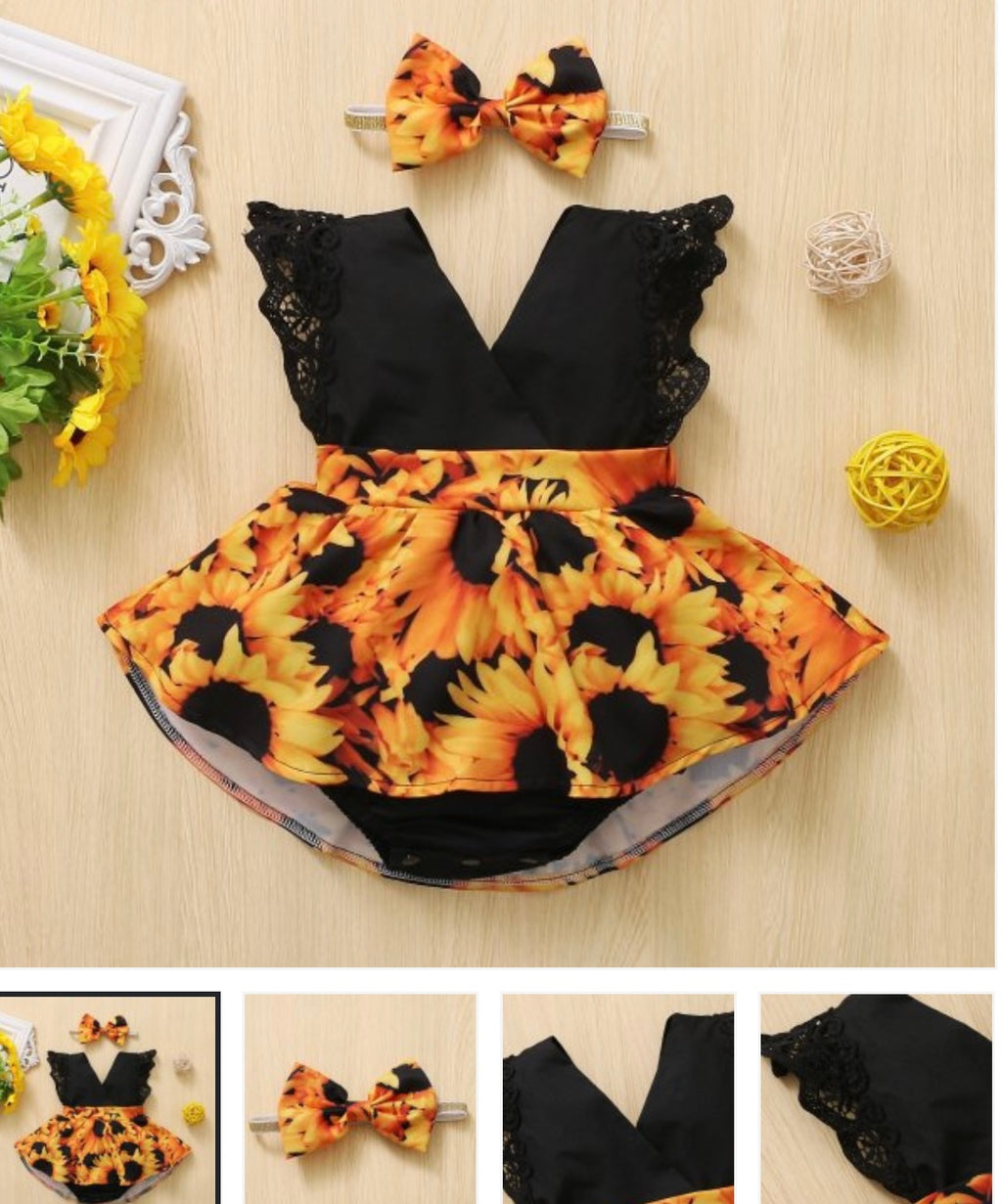 2-piece sunflower jumpsuit with headband for baby girl