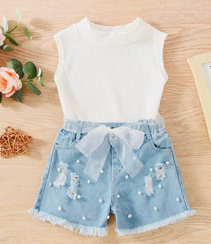 Girls White Tank and Denim Set