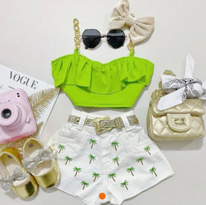 2 Piece White and Green Sling Denim Set