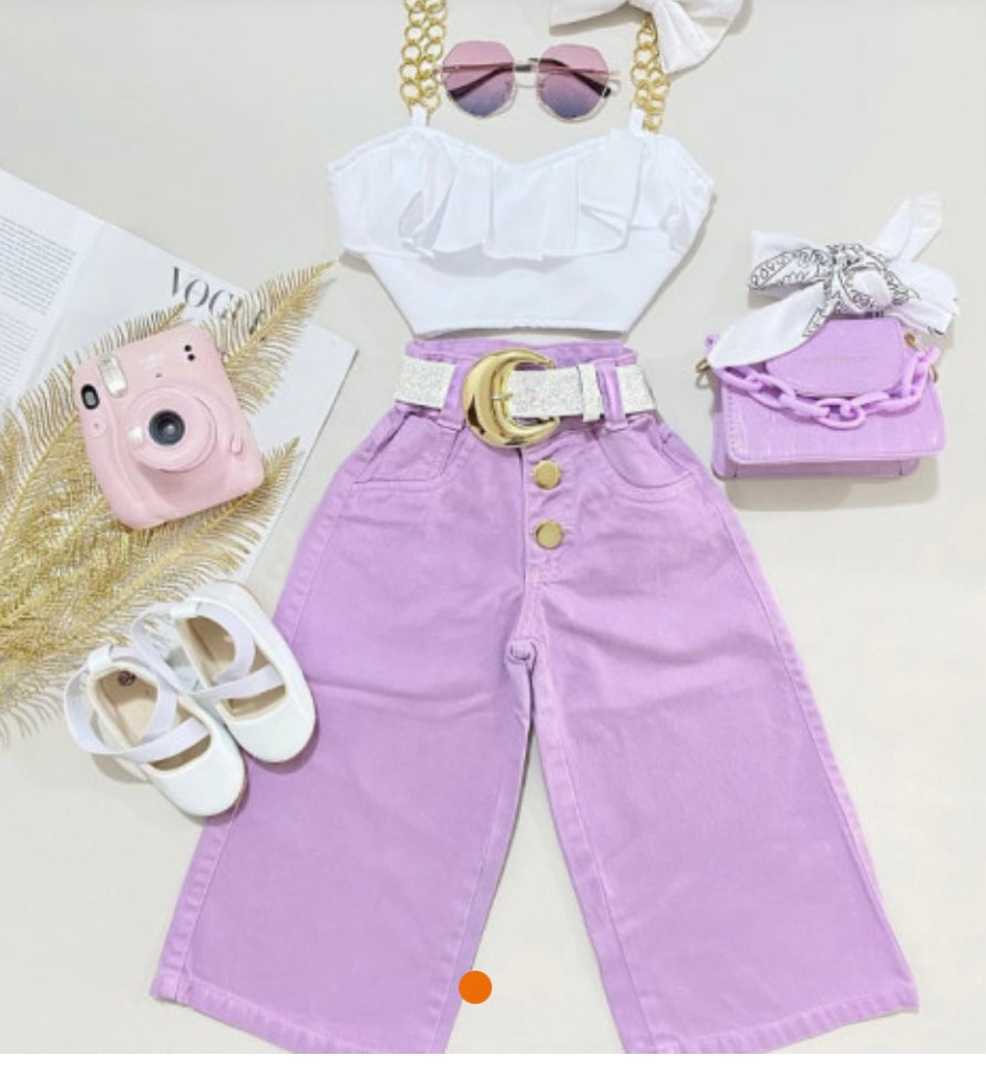 2 Piece White and Purple Sling Top Denim Set