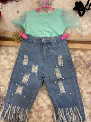 Girls Teal Sheer Sleeves Shirt And Pants Set