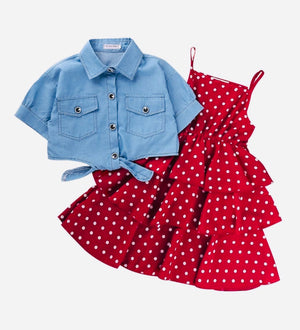 2 Pieces Little Girl Polka Dots Layered Cami Dress With Denim Shirt