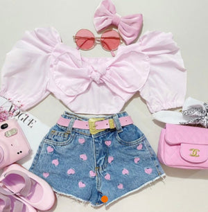 Pink Puff Bow Denim 2 Piece Set