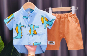 Cartoon Dinosaur Print Shirt And Shorts Boy Sets