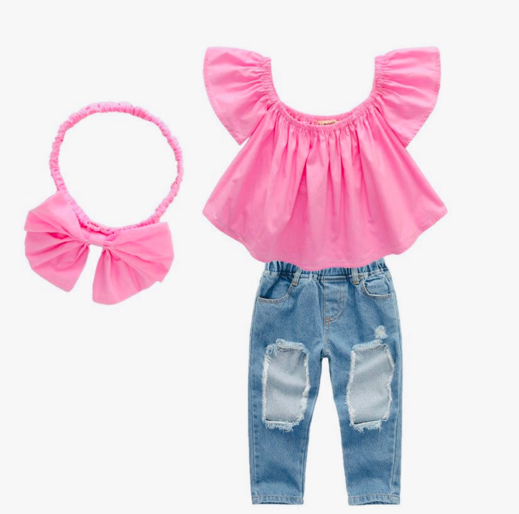 Sleeveless Doll Collar Ripped Jeans 2 Piece Sets For Girls With Headband