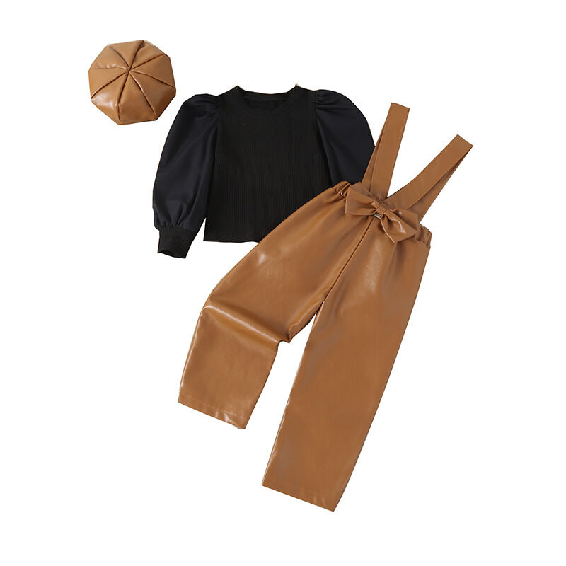 Brown overall pants3 piece set with black shirt