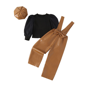 Brown overall pants3 piece set with black shirt